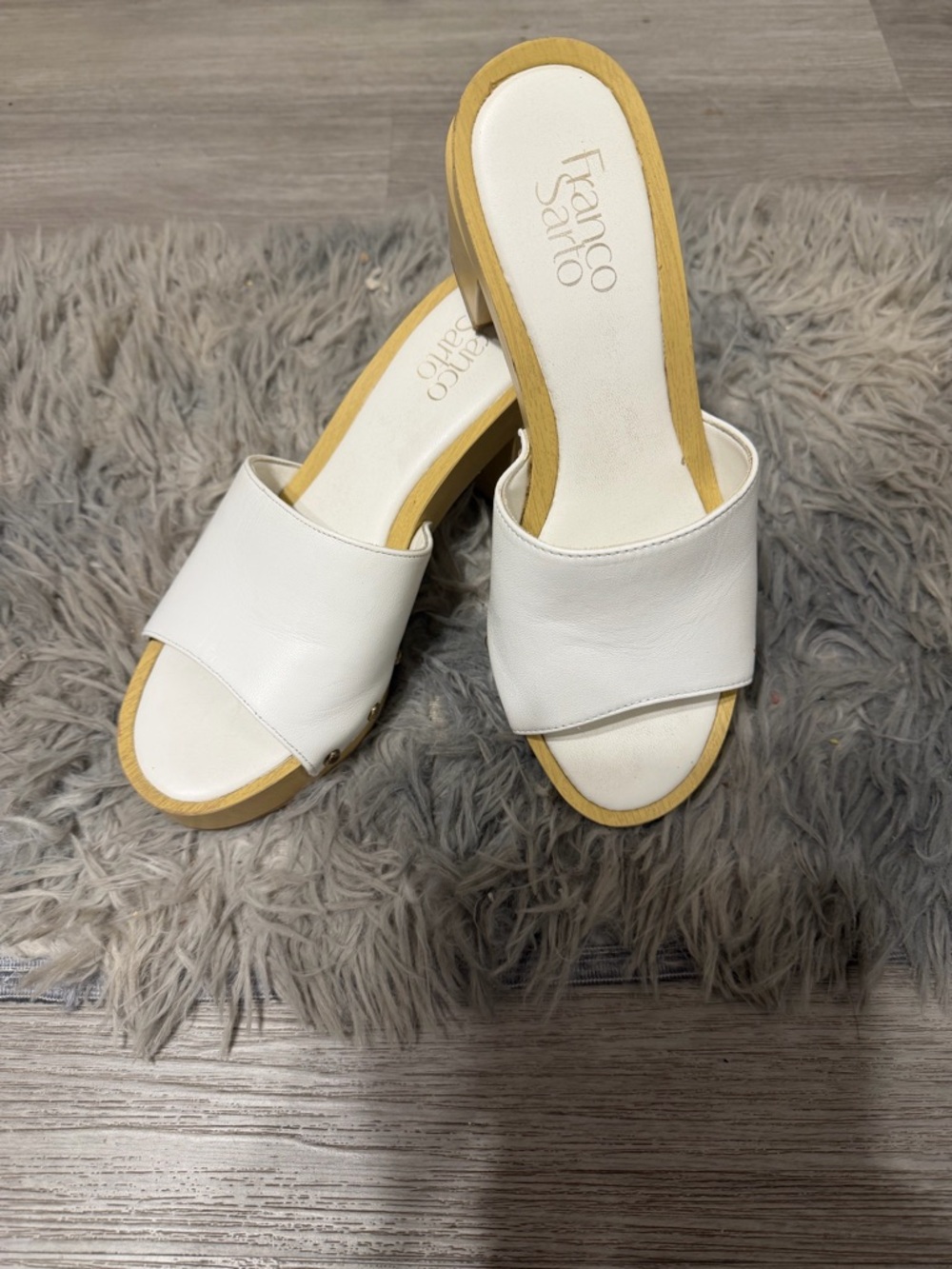 Franco Sarto White Leather Slide Mules with Wood-Tone Sole